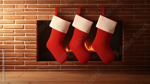 Three festive red Christmas stockings hanging by a cozy fireplace with a warm glow.