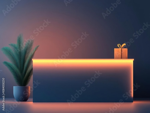 Modern reception area with warm lighting, a plant, and a gift wrapped in gold.