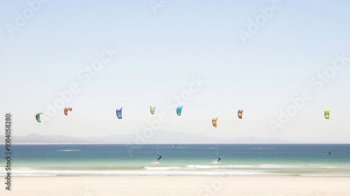 a photograph of a kitesurfing scene on a sunny day. The ocean should be vibrant turquoise with lively waves, and the sky should be clear and blue. Include several colorful kites in the air, varying in