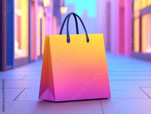 A vibrant shopping bag in a colorful urban setting, symbolizing retail and consumerism.