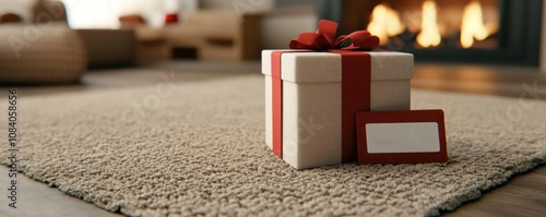 A festive gift box on a cozy carpet near a warm fireplace, perfect for holiday spirit.