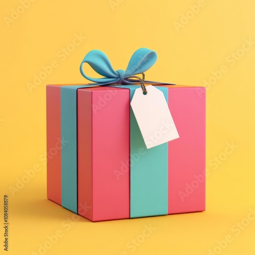 A colorful gift box with a ribbon and tag, perfect for celebrations and special occasions.