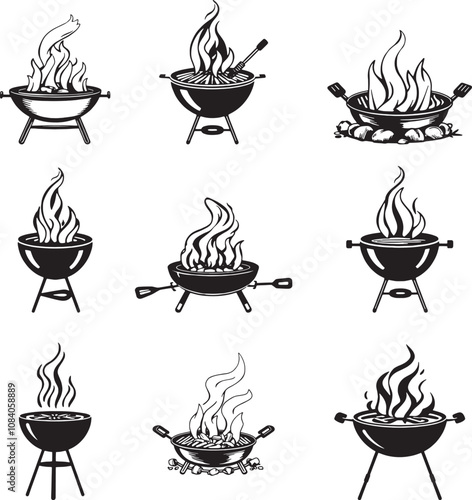 Set of barbeque grilling stove black and white logo icon