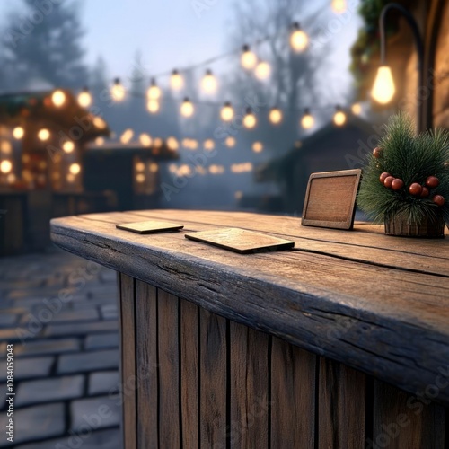 A cozy wooden bar with warm lights, perfect for enjoying festive drinks outdoors.