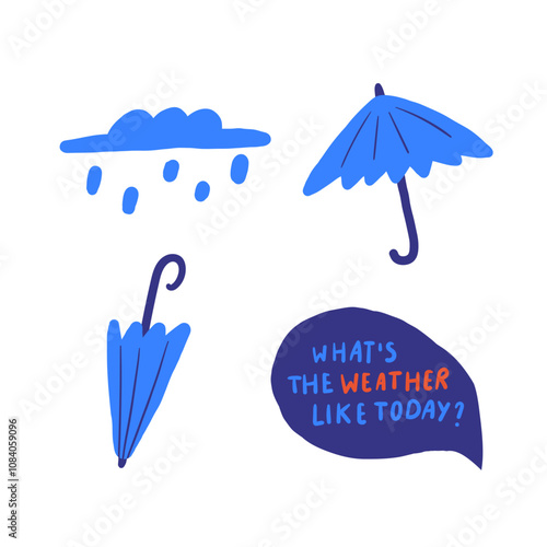 Cute England, english, UK, United Kingdom objects, composition with hand drawn doodle rainy cloud, umbrella open, closed, weather lettering, dialog bubble. Tourist, travel, education signs