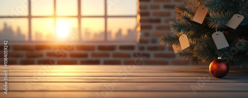 Cozy Christmas scene with a decorated tree and warm morning sunlight filtering through windows.