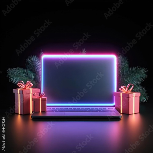 A glowing laptop surrounded by festive gifts and holiday decorations on a dark background.