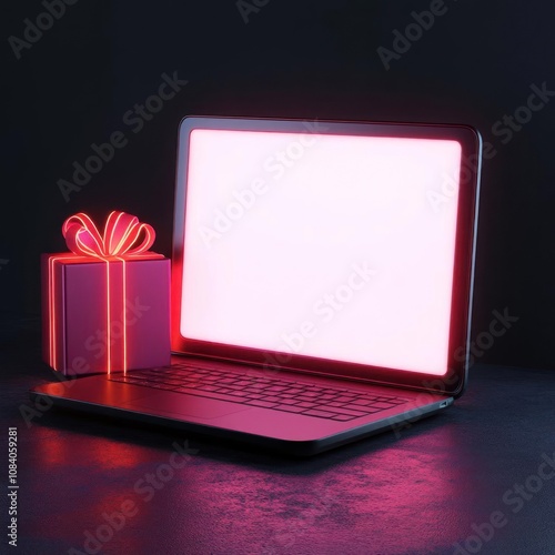 A glowing laptop next to a gift box, ideal for digital holiday themes and promotions.
