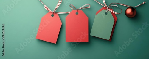 Colorful festive tags on a teal background for holiday gift wrapping.
