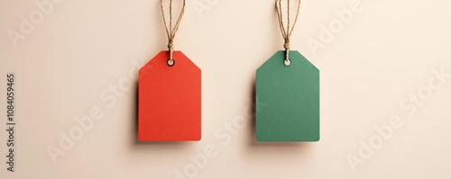 Two colorful blank tags hanging against a neutral background for branding purposes.