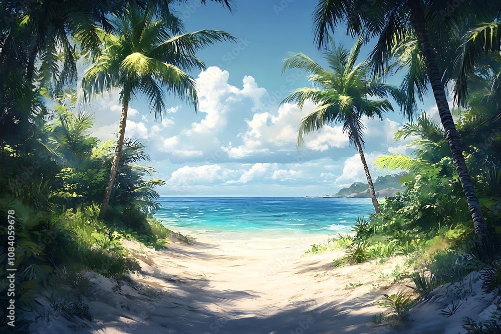 Obraz premium Tropical Beach Pathway Through Lush Foliage1