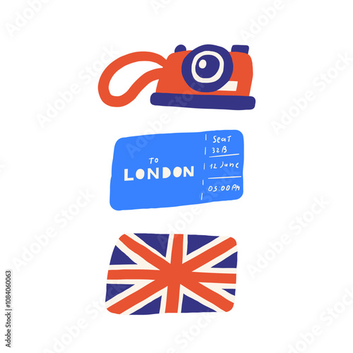 Cute England, english, UK, United Kingdom objects, composition with hand drawn doodle country national flag, air plane ticket to London, photo camera. Tourist, travel, education signs