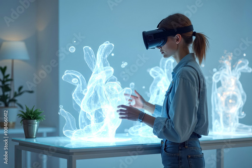 Woman exploring interactive virtual reality art in modern exhibition space photo