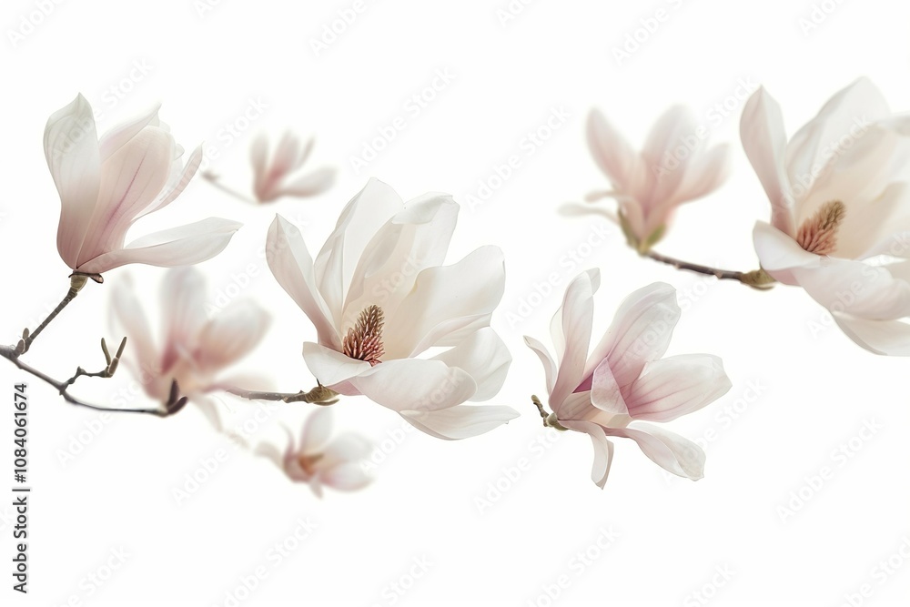 Obraz premium Magnolia flowers flying isolated on a white background