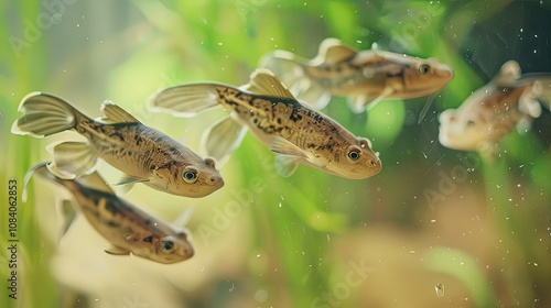 A group of tadpoles swimming in a clear pond. photo