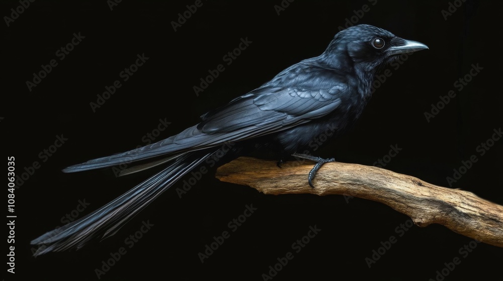 Fototapeta premium Black Bird with Long Tail Perched on Branch