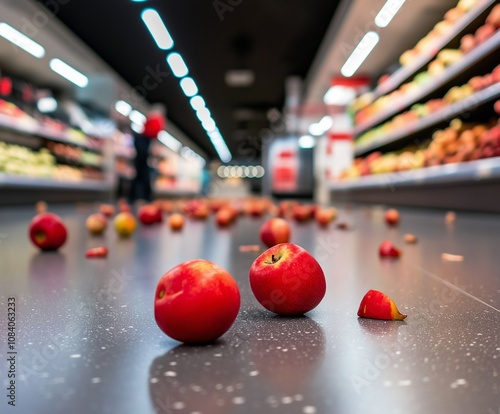 bad arrangements in the supermarket fruit isle. fruits fallen on the floor, no people in the background