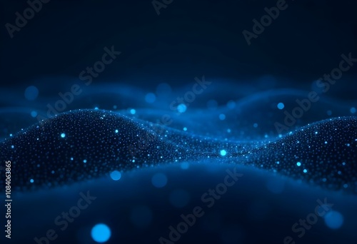 A futuristic digital landscape with a grid of blue binary code flowing through a dark, abstract environment.