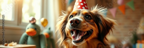 A playful brown dog, wearing a red and white polka dot party hat, smiles broadly at the camera photo