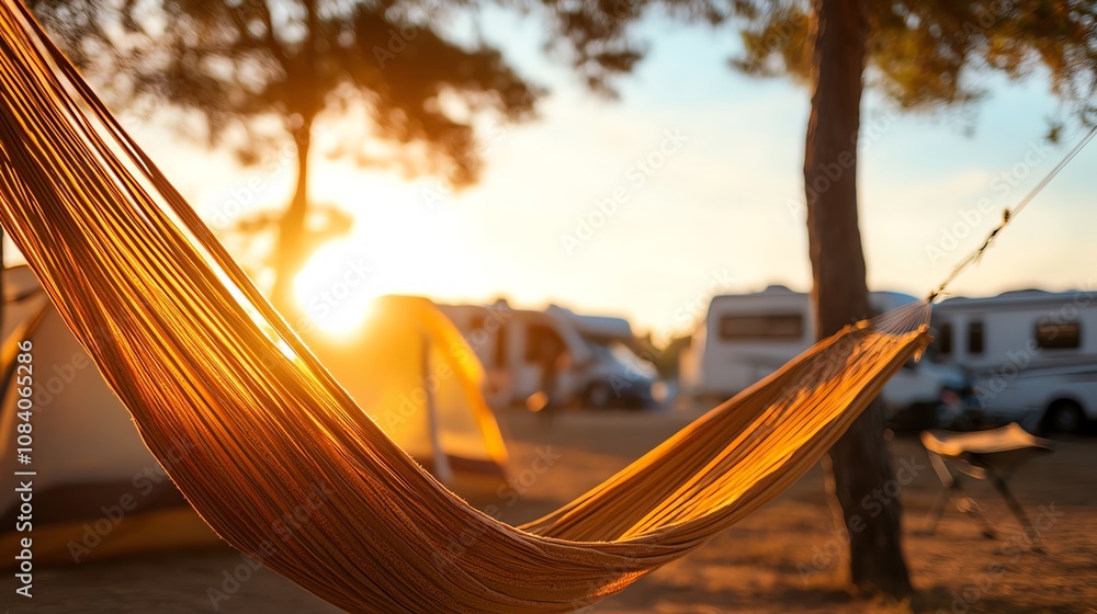 Fototapeta premium A summer RV park with bright sunlight, tents set up alongside RVs, and hammocks swaying gently in the breeze