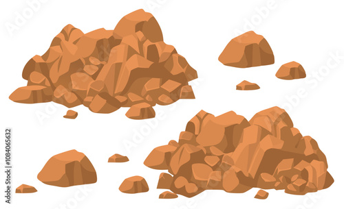 Piles of brown rocks scattered on a white background in an artistic style