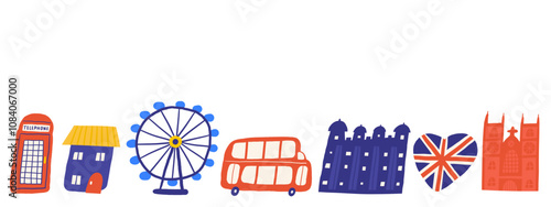 Cute Cute England, English, Great Britain, United Kingdom composition, banner with funny hand drawn doodle telephone booth, house, Ferris wheel, Tower, Westminster abbey. British objects background