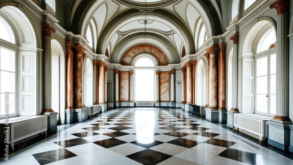 Fototapeta premium Grand ornate hallway, baroque architecture, checkered marble floor, arched windows, symmetrical composition, long corridor perspective, elaborate moldings, chandeliers, classical interior design, natu