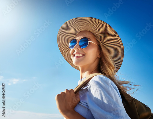 Smiling young caucasian tourist woman wearing beach hat, sunglasses and backpacks going to travel on holidays on blue sky background. photo