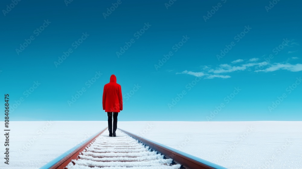 Obraz premium A person in a red coat standing on a train track