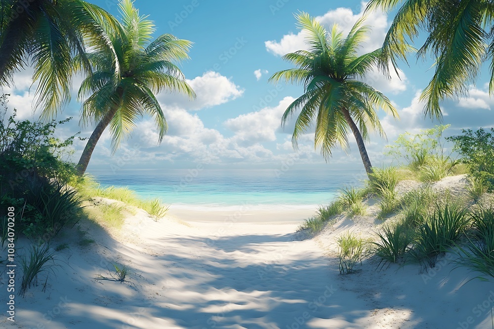 Obraz premium Palm Trees and Sunny Path to Tropical Beach
