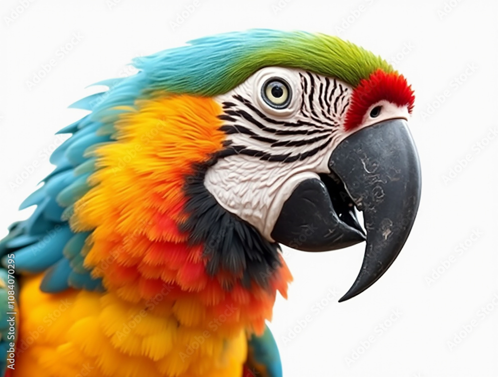 Fototapeta premium Majestic colorful macaw parrot with vibrant, multicolored feathers, gracefully perched and isolated on a clean white background, perfect for tropical, exotic design projects and nature themes