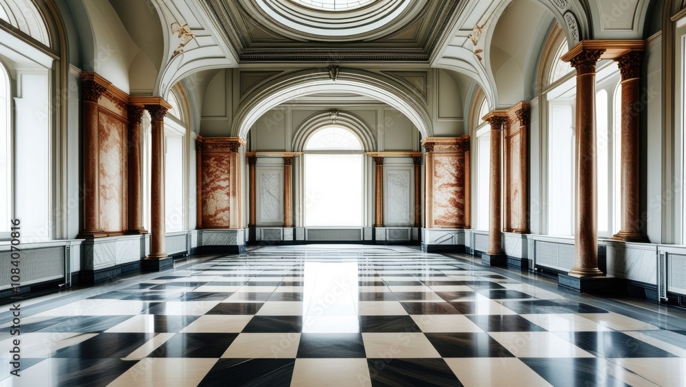 Fototapeta premium Grand ornate hallway, baroque architecture, checkered marble floor, arched windows, symmetrical composition, long corridor perspective, elaborate moldings, chandeliers, classical interior design, natu