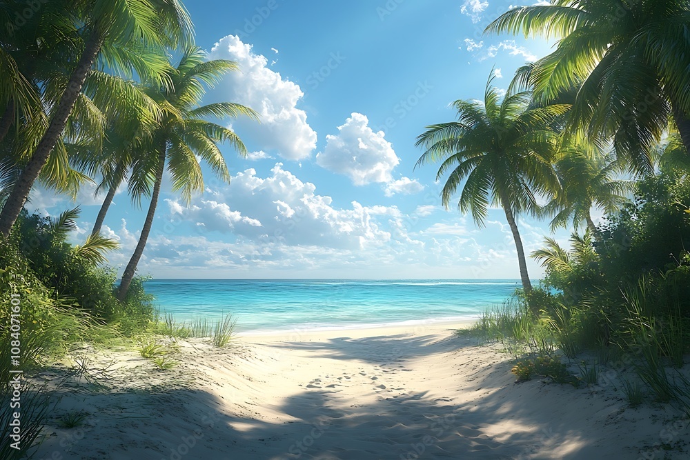Obraz premium Palm Trees Frame Pathway to Blue Ocean Horizon