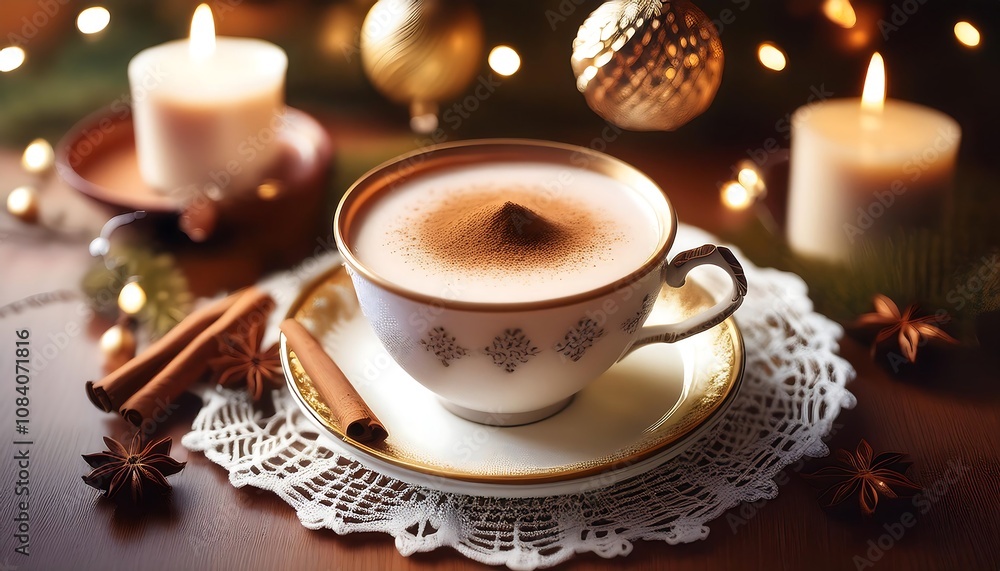 Fototapeta premium A delicate teacup is filled with warm chai latte, topped with ground cinnamon and placed on_1(63)