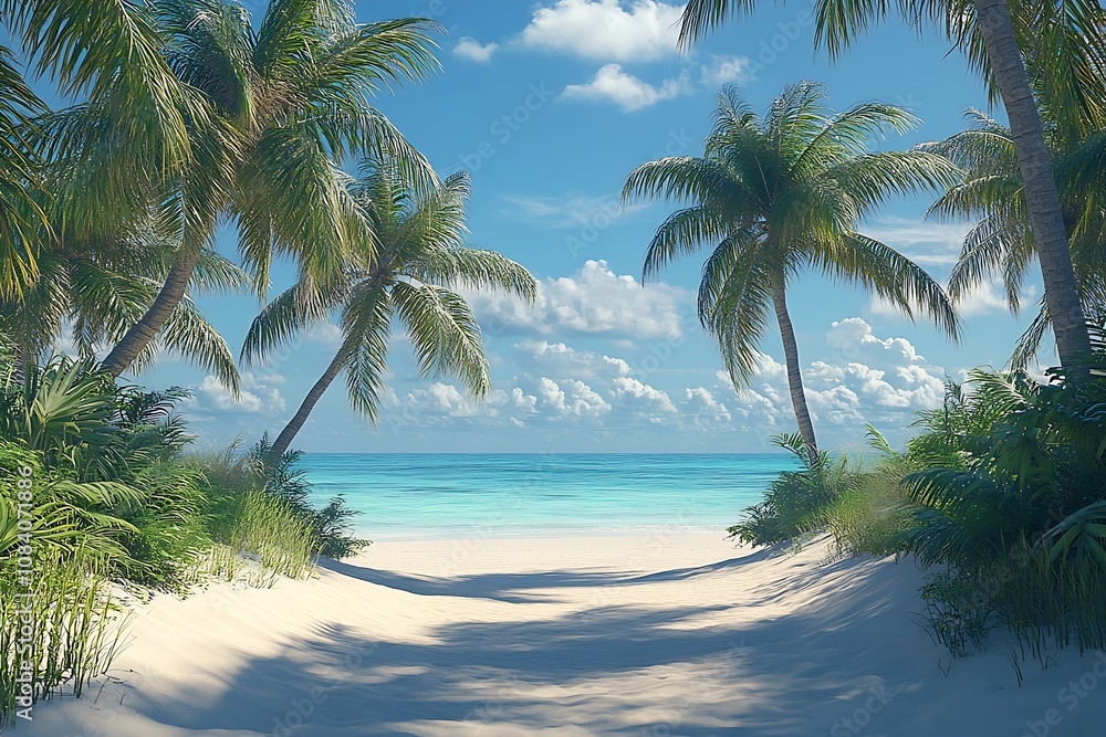 Fototapeta premium Palm-Lined Path to Tranquil Beach Paradise