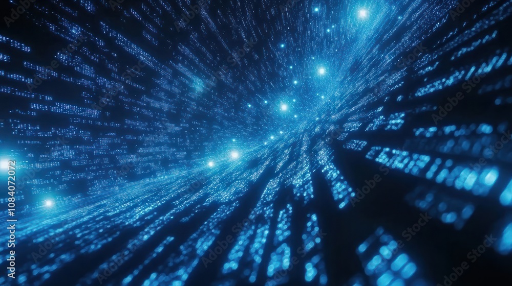 Obraz premium Blue binary code background with glowing lights and data flowing, technology concept
