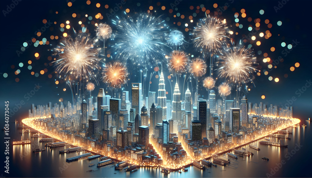 Fototapeta premium 3D Bokeh digital art of fireworks over a city skyline at night copy space above. concept as Spectacular bokeh digital art showcasing vibrant fireworks illuminating a city skyline at night symbolizing 