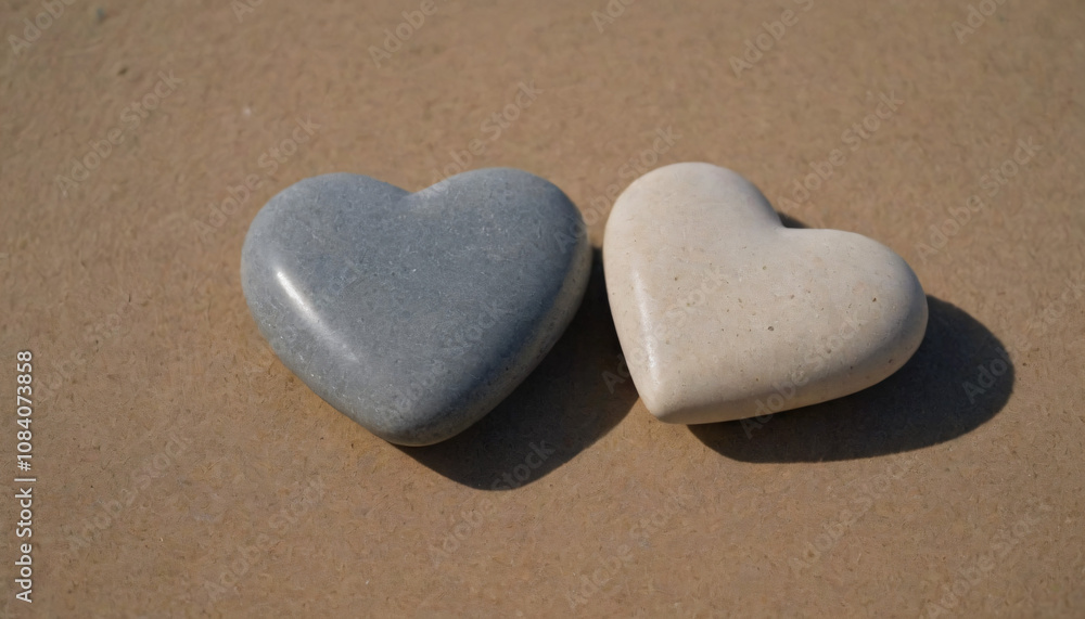 Obraz premium Two heart-shaped stones in different colors on a light background with a minimalist and romantic atmosphere