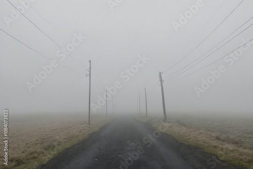 A foggy road in the middle of a field with power lines. photo