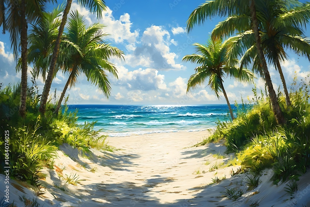 Fototapeta premium Peaceful Beach Path with Lush Palm Trees and Blue Horizon