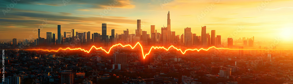 Naklejka premium City skyline with heartbeat line overlay and copy space concept as Glossy image featuring a city skyline with a heartbeat line overlay symbolizing the vitality and resilience of cyber secure cities; a