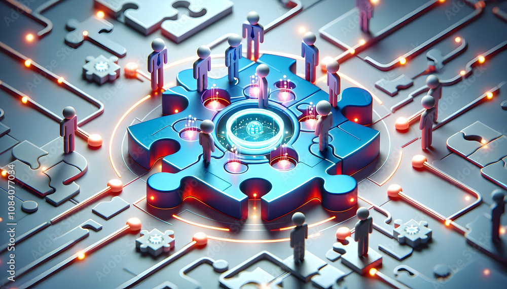 Obraz premium 3D Futuristic close up of puzzle pieces with digital interfaces being connected by team members symbolizing advanced collaboration copy space on bottom. concept as Futuristic close up of puzzle pieces