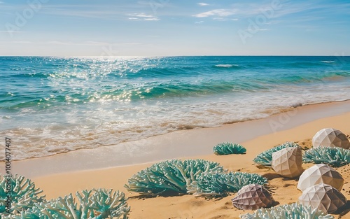 Radiant Summer Beach with Golden Sands and Turquoise Waves photo