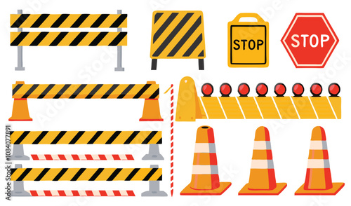 Traffic construction signs and barriers at a worksite during daylight hours