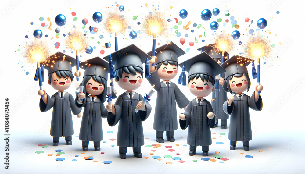 Obraz premium 3D Graduates celebrating with sparklers and confetti at ceremony copy space on side. concept as Joyful graduates celebrating with sparklers and confetti during a ceremony symbolizing achievement and f
