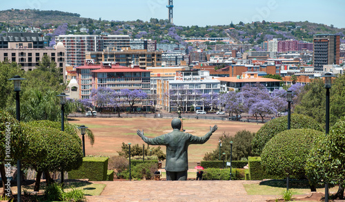 Nelson Mandela statue rear view and the Union Buildings garden, Pretoria, South Africa. photo