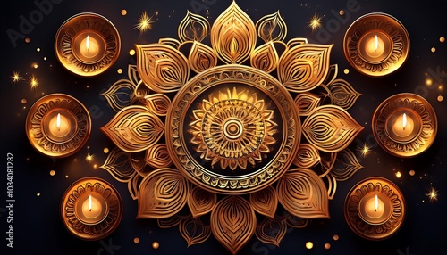  A lavish Diwali scene features a black surface adorned with gold mandalas, twinkling di_1(148) photo