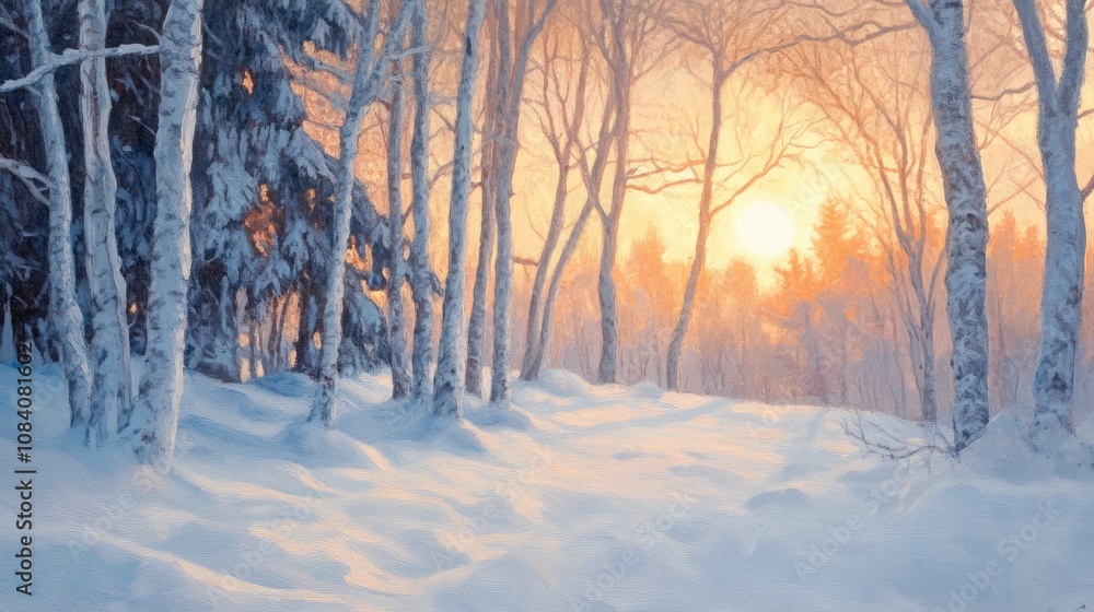 Fototapeta premium A snowy forest path leads to a breathtaking sunset, casting an orange glow on the snow-covered trees.