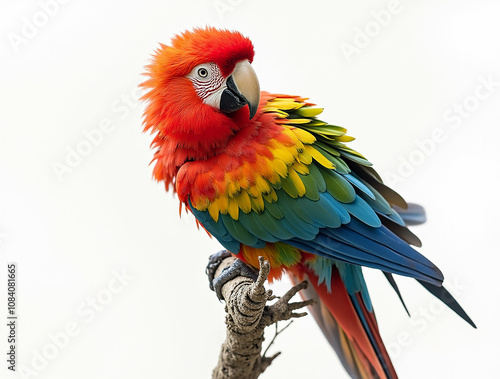 Majestic colorful macaw parrot with vibrant, multicolored feathers, gracefully perched and isolated on a clean white background, perfect for tropical, exotic design projects and nature themes photo