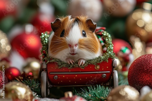 Conejillo de Indias en un trineo festivo rodeado de adornos navideños photo